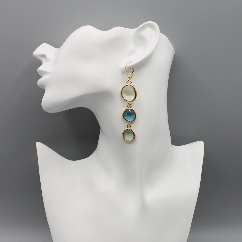 Jewelry earrings long dangle yellow gold blue stones elegant beautiful new - Picture 5 of 12